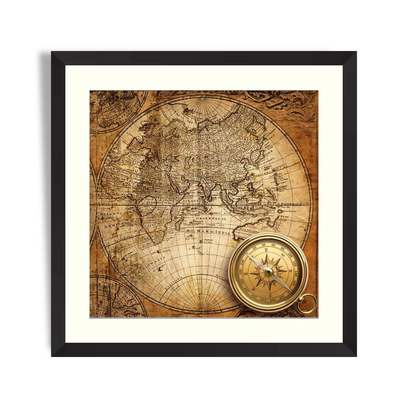 Old compass and rope on vintage map 1746 – Framer